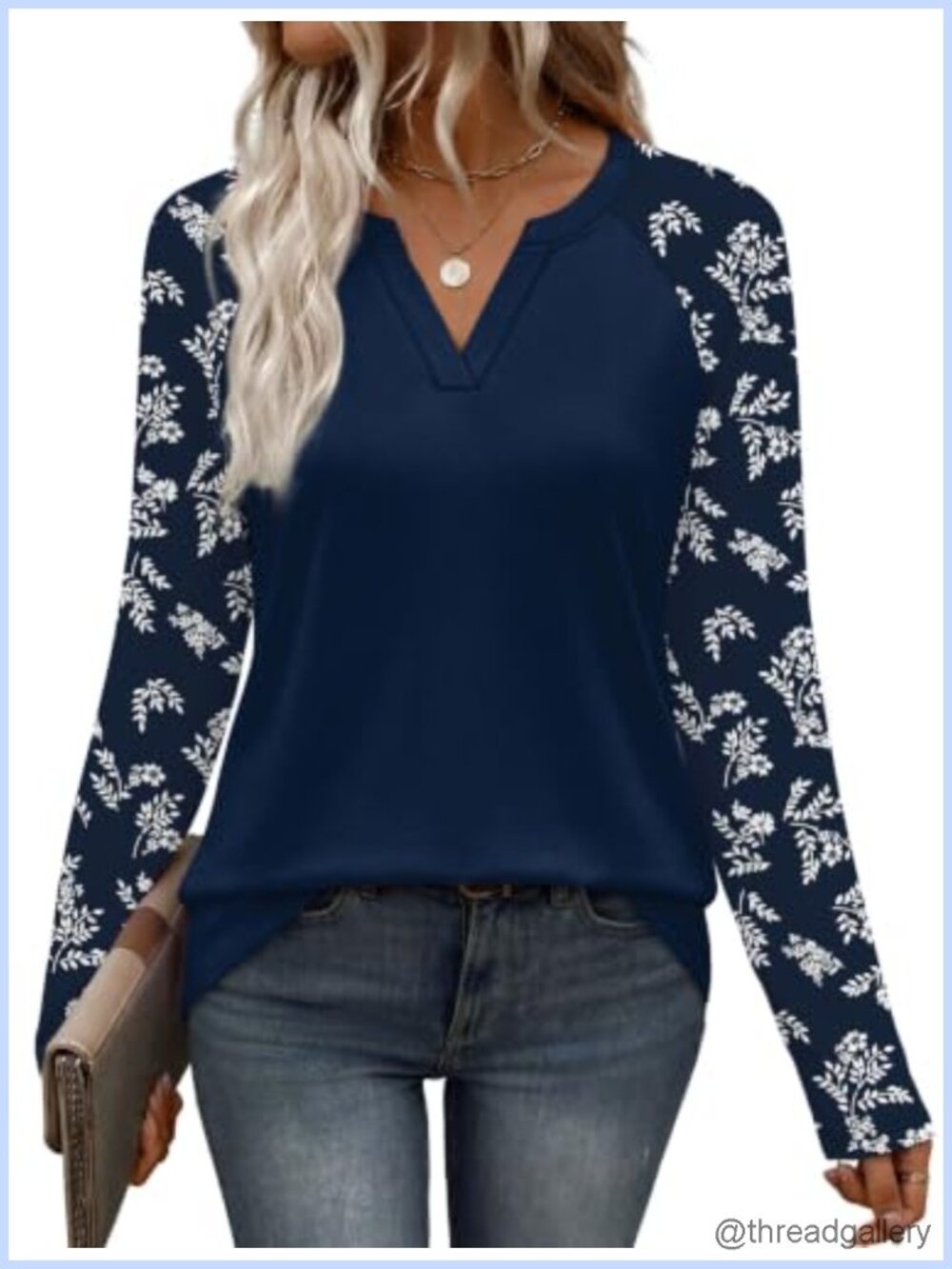 Womens Long Sleeve V-Neck Floral Top Raglan Sleeve Casual Fall T-Shirt